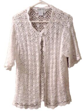 Anna Maxwell Women's Plus Size 1X White Crochet Short Sleeve 1 Button Sweater